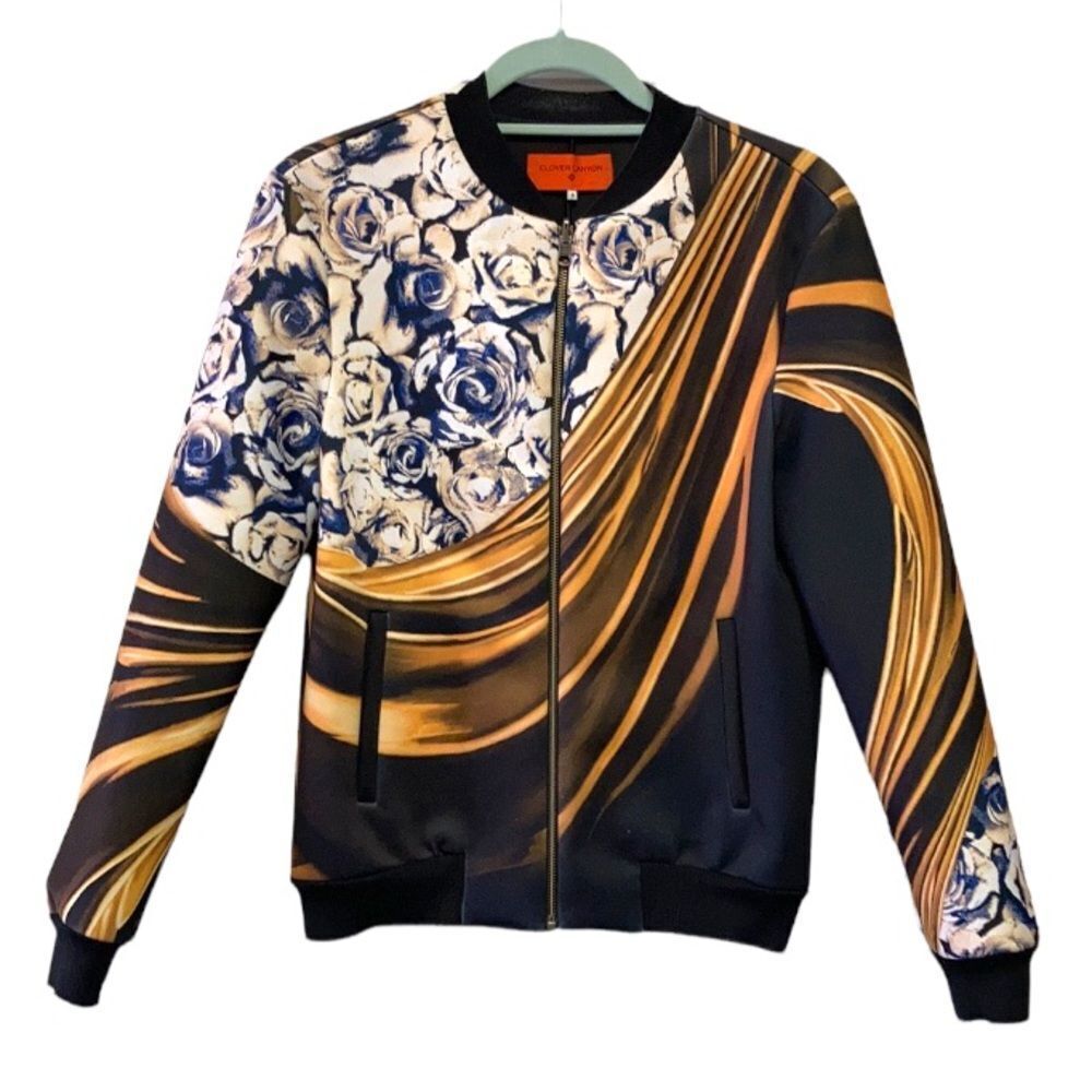 Clover Canyon Neoprene Black Gold Floral Geometric Bomber Jacket Size Small